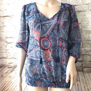 Lucky Brand Blue Red Tassel Boho Top Size M